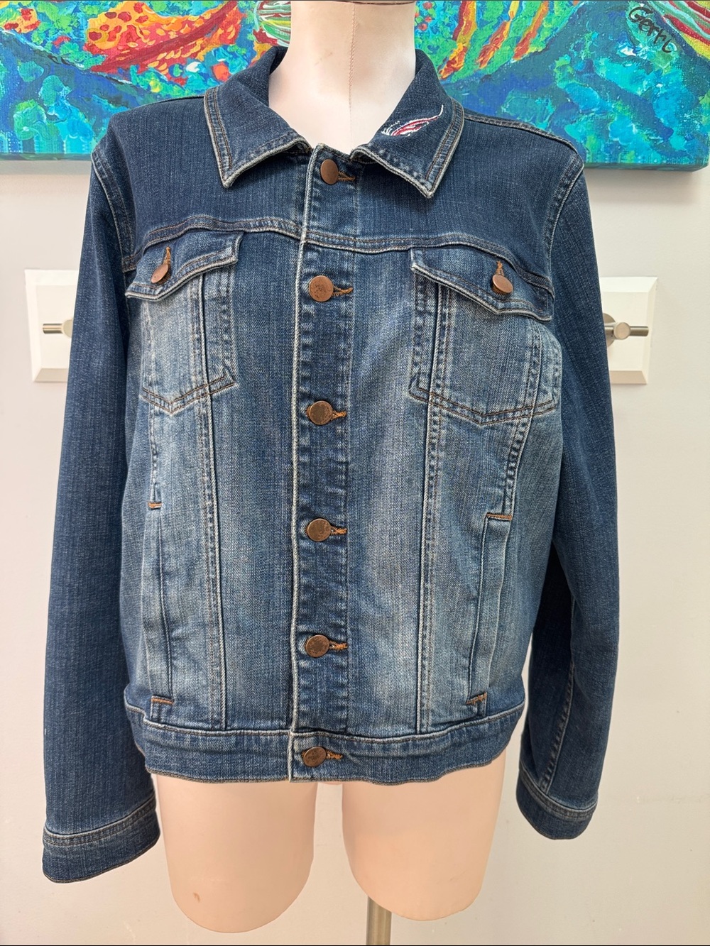 Eileen Fisher Two-Tone Indigo Denim Jacket Patriotic Embroidered Sz.XL